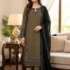 Elegant 3-Piece Embroidered Lawn Suit – Mehandi Color
