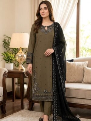 Elegant 3-Piece Embroidered Lawn Suit – Mehandi Color