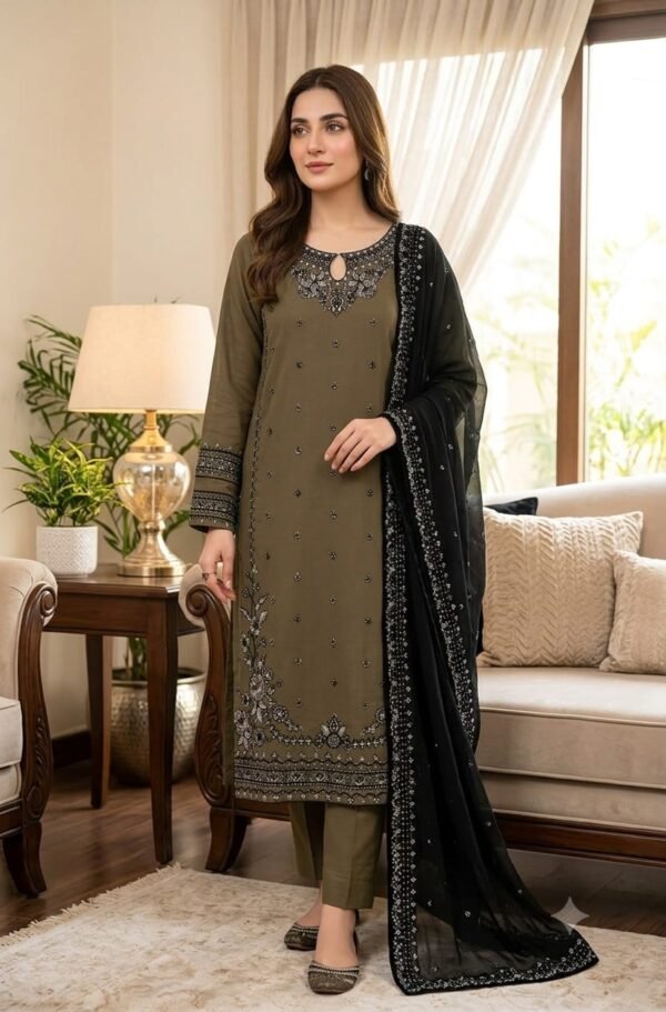 Elegant 3-Piece Embroidered Lawn Suit – Mehandi Color