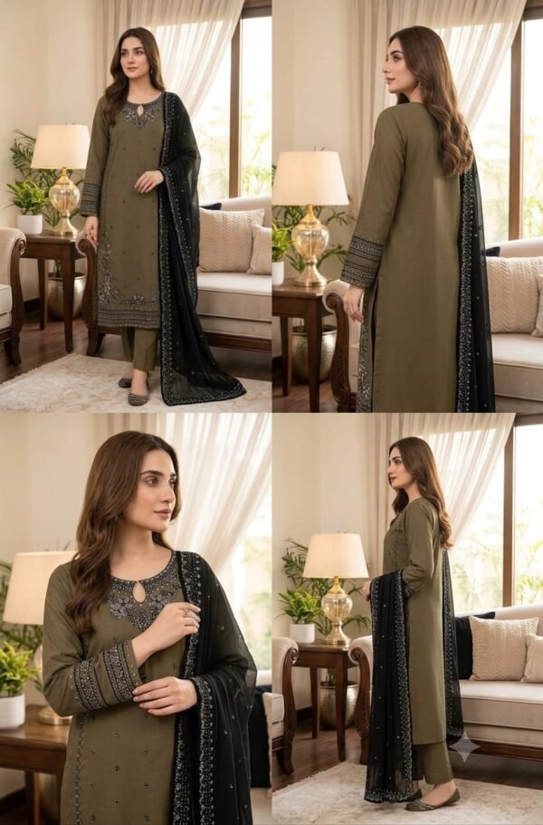 Elegant 3-Piece Embroidered Lawn Suit – Mehandi Color